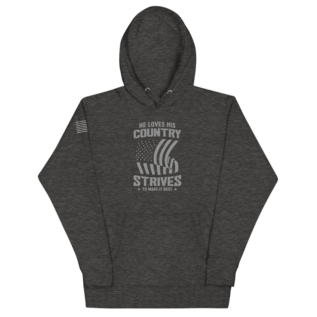 He Loves His Country Strives To Make It Best hoodie in Charcoal Heather, product mockup