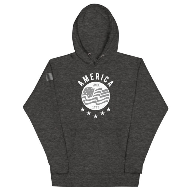 America Since 1776 hoodie in Charcoal Heather, product mockup