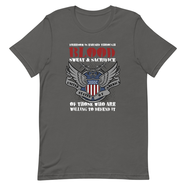 Freedom Is Earned Through Blood Sweat and Sacrifice t-shirt in Asphalt, product mockup