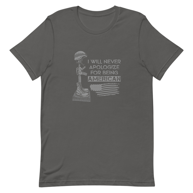 I Will Never Apologize For Being American t-shirt in Asphalt, product mockup
