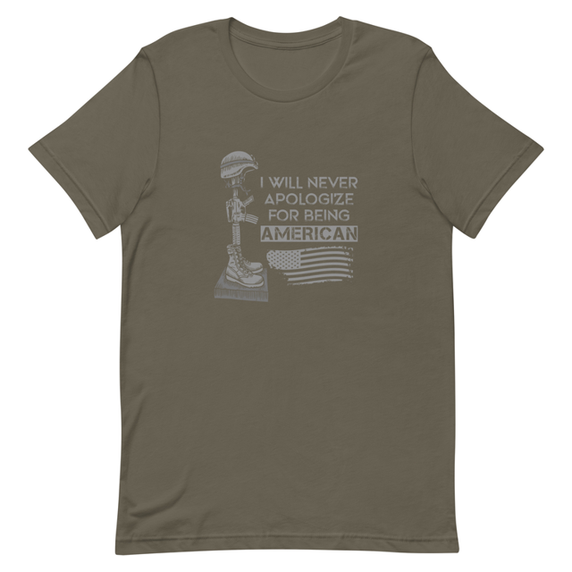 I Will Never Apologize For Being American t-shirt in Army, product mockup