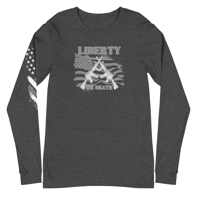 Liberty or Death Unisex Long Sleeve Tee, product mockup, Dark Grey Heather colorway