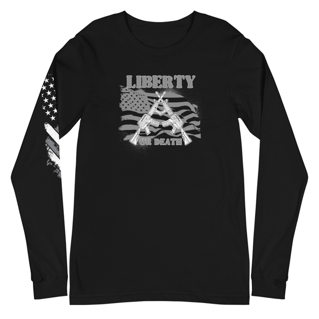 Liberty or Death Unisex Long Sleeve Tee, product mockup, Black colorway