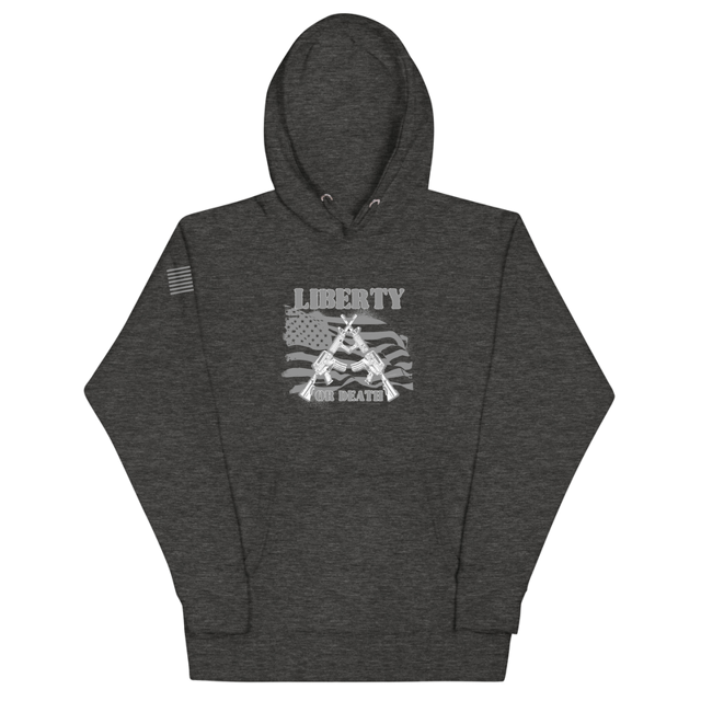 Liberty or Death hoodie in Charcoal Heather colorway, product mockup