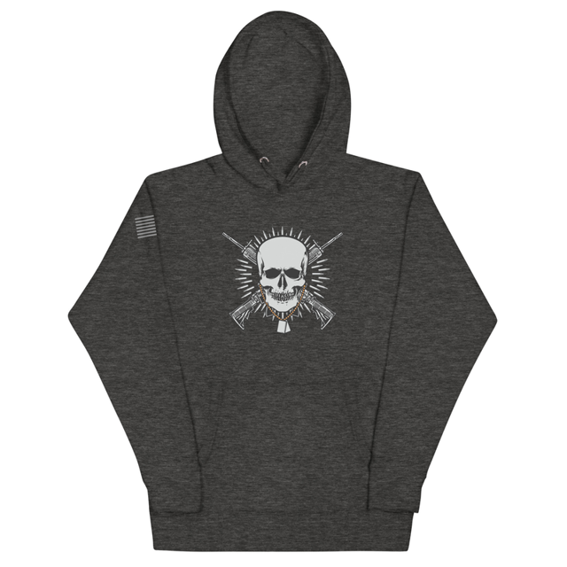Skull with Guns and Bullets Unisex Hoodie, product mockup, Charcoal Heather colorway