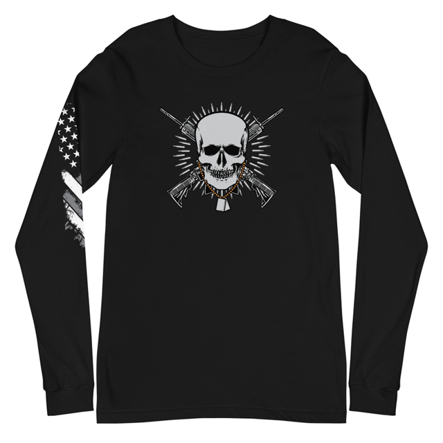 Skull with Guns and Bullets Unisex Long Sleeve Tee, product mockup, Black colorway