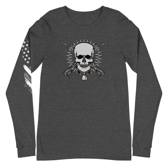 Skull with Guns and Bullets Unisex Long Sleeve Tee, product mockup, Dark Grey Heather colorway