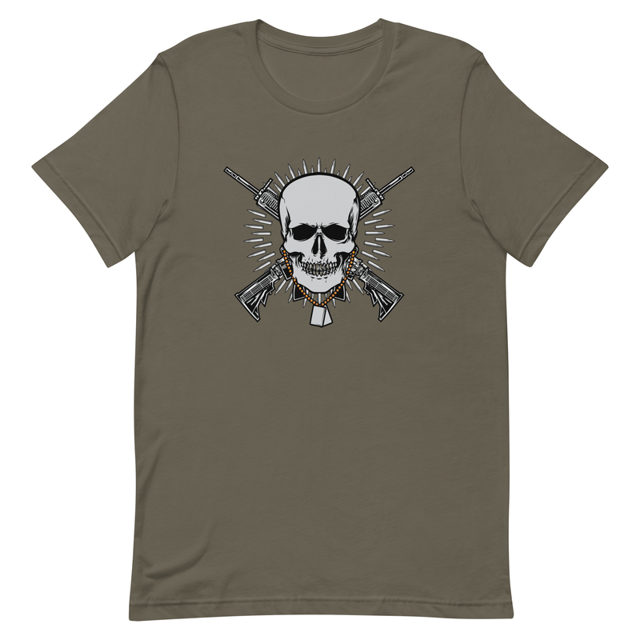 Skull with Guns and Bullets t-shirt in Army colorway, product mockup