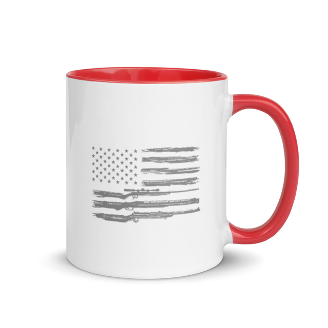 Grunge American Flag with Guns mug in Red colorway, product mockup