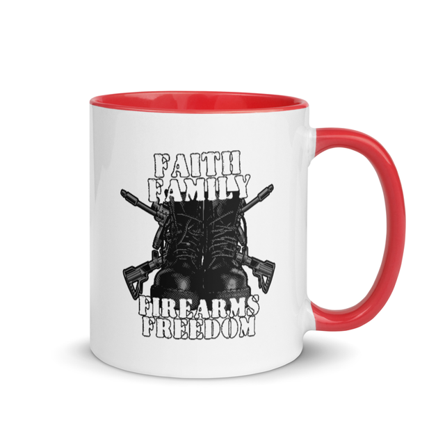 Faith Family Firearms Freedom mug in Red colorway, product mockup