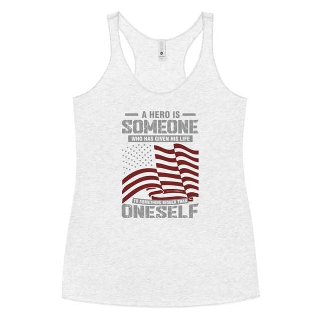 A Hero Is Someone tank top in Heather White colorway, product mockup
