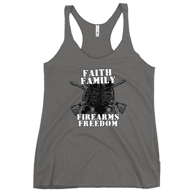 Faith Family Firearms Freedom tank top in Premium Heather colorway, product mockup