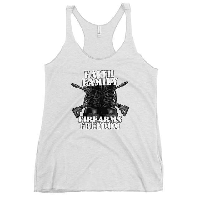 Faith Family Firearms Freedom tank top in Heather White colorway, product mockup