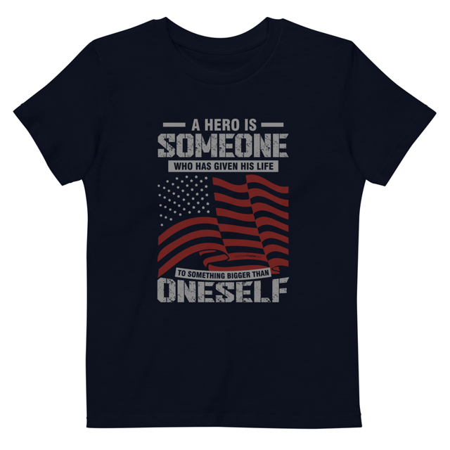 A Hero Is Someone kids t-shirt in French Navy colorway, product mockup