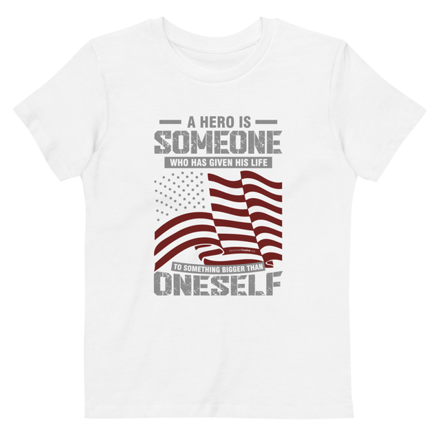 A Hero Is Someone kids t-shirt in White colorway, product mockup