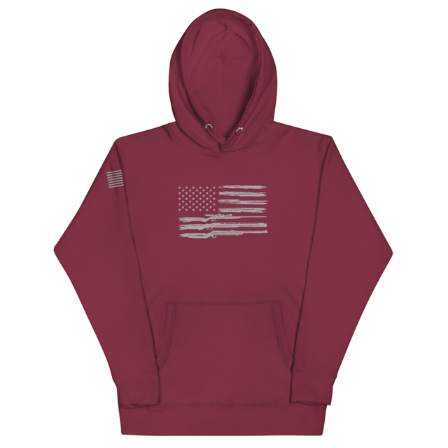 Grunge American Flag with Guns hoodie in maroon, product mockup