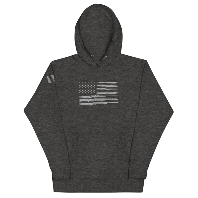 Grunge American Flag with Guns hoodie in charcoal heather, product mockup