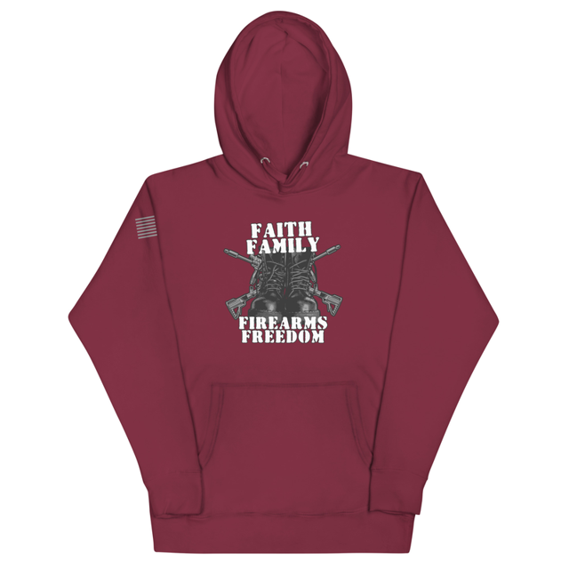 Faith Family Firearms Freedom hoodie in maroon, product mockup