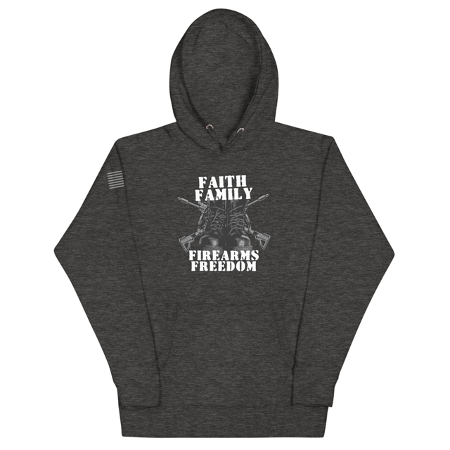 Faith Family Firearms Freedom hoodie in charcoal heather, product mockup