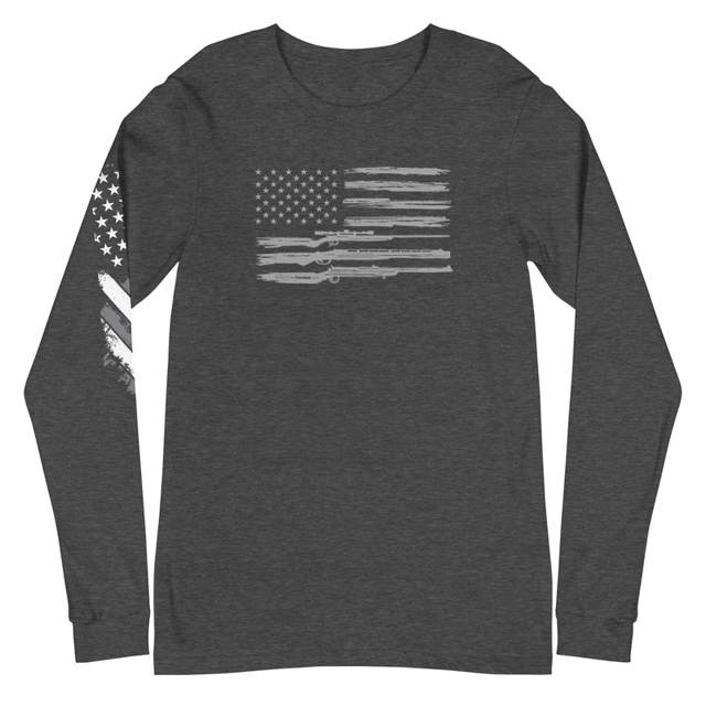 Grunge American Flag with Guns long sleeve tee in dark grey heather, product mockup