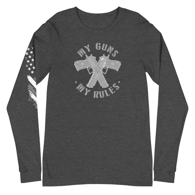 My Guns My Rules long sleeve tee in dark grey heather, product mockup