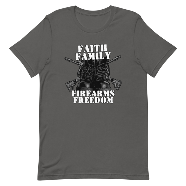 Faith Family Firearms Freedom t-shirt in asphalt grey, product mockup