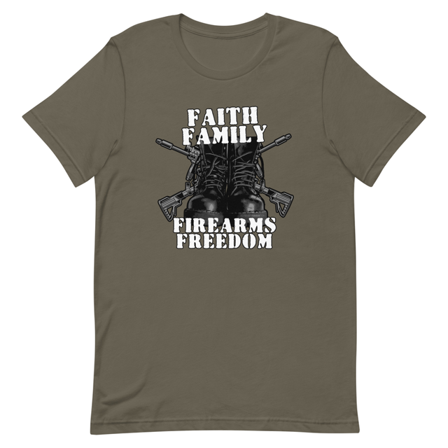 Faith Family Firearms Freedom t-shirt in army green, product mockup