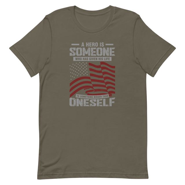 Hero quote t-shirt in army green, product mockup