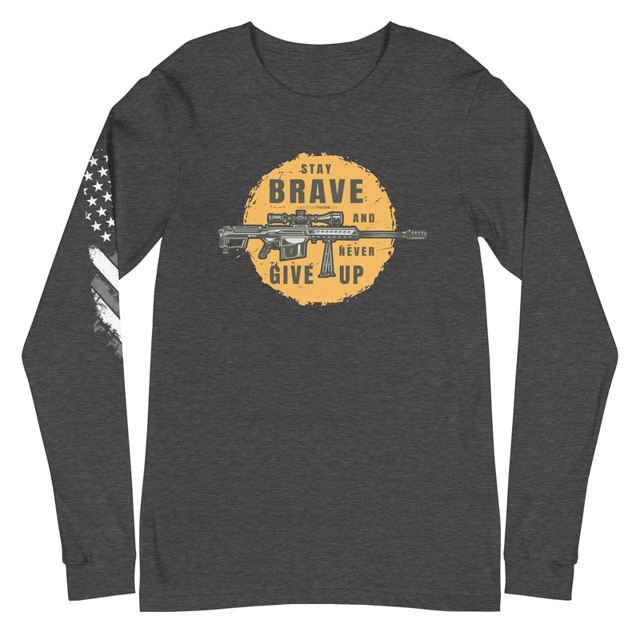 Stay Brave and Never Give Up long sleeve tee in dark grey heather, product mockup