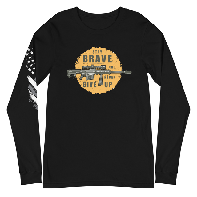 Stay Brave and Never Give Up long sleeve tee in black, product mockup