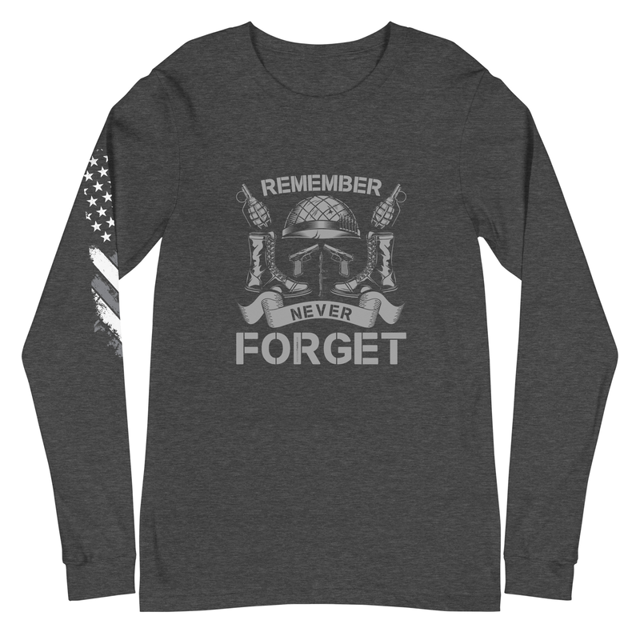 Remember Never Forget long sleeve tee in dark grey heather, product mockup