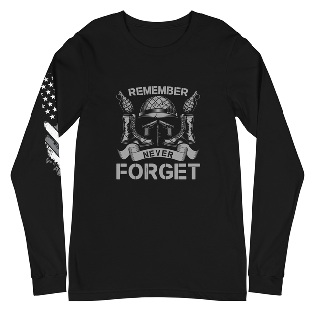 Remember Never Forget long sleeve tee in black, product mockup