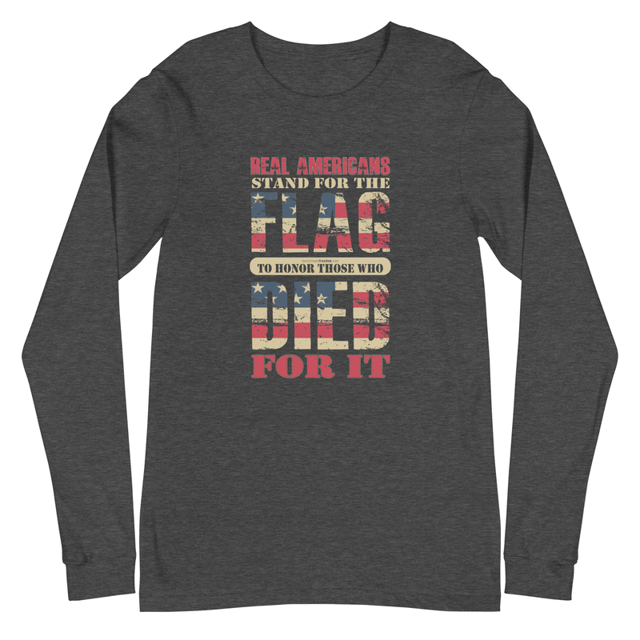 Real Americans Stand For The Flag long sleeve tee in dark grey heather, product mockup
