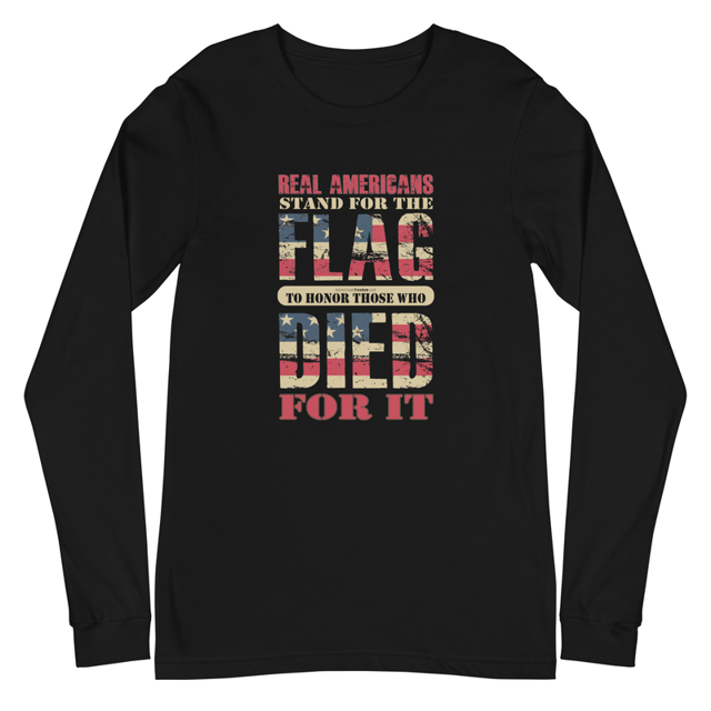 Real Americans Stand For The Flag long sleeve tee in black, product mockup