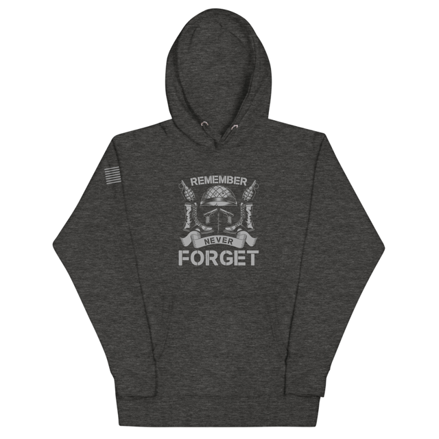 Remember Never Forget hoodie in charcoal heather, product mockup