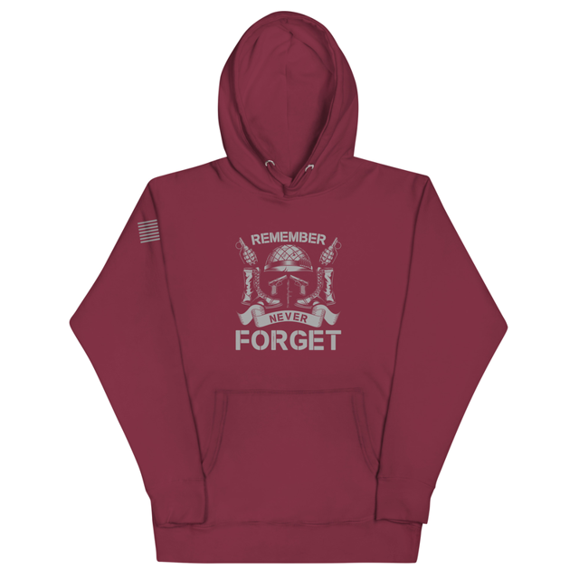 Remember Never Forget hoodie in maroon, product mockup