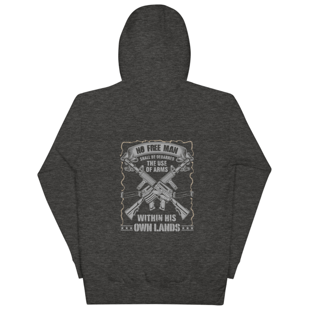No Free Man Shall Be Debarred hoodie in charcoal heather, back design, product mockup