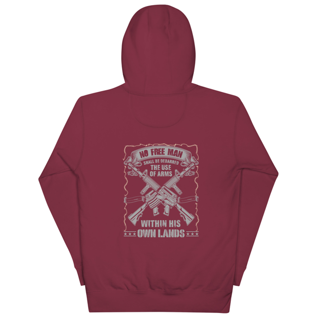 No Free Man Shall Be Debarred hoodie in maroon, back design, product mockup