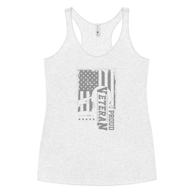 Proud Veteran women's tank in heather white, product mockup