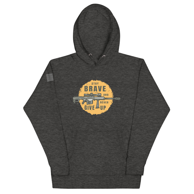 Stay Brave and Never Give Up hoodie in charcoal heather, product mockup