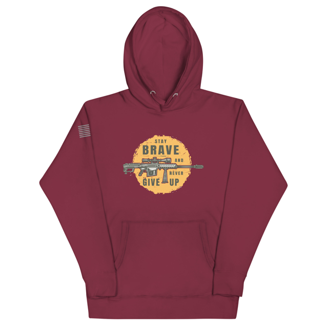 Stay Brave and Never Give Up hoodie in maroon, product mockup