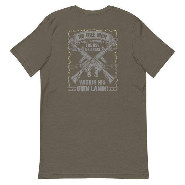 No Free Man Shall Be Debarred t-shirt in army green, back design, product mockup
