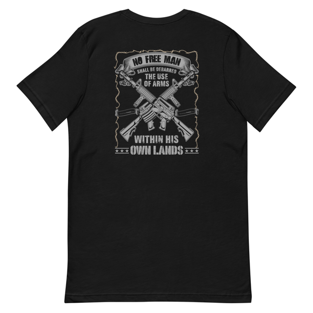 No Free Man Shall Be Debarred t-shirt in black, back design, product mockup