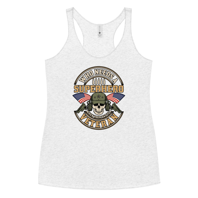 Who Needs A Superhero When Your Dad Is A Veteran tank top in Heather White colorway, product mockup