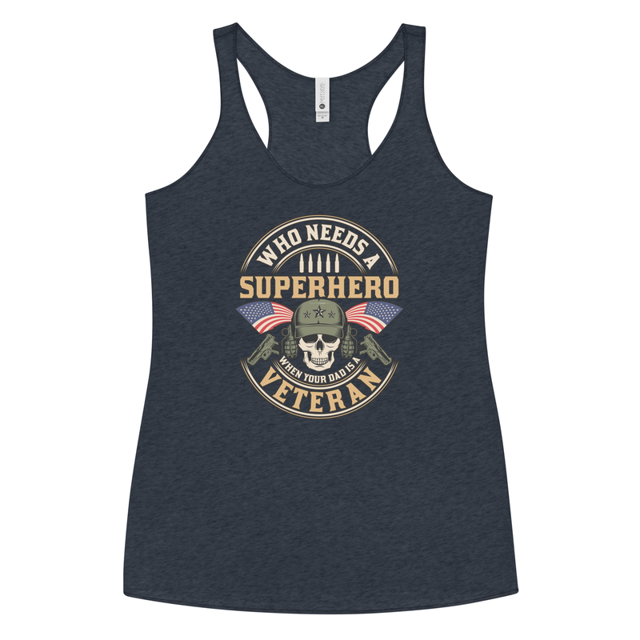 Who Needs A Superhero When Your Dad Is A Veteran tank top in Vintage Navy colorway, product mockup