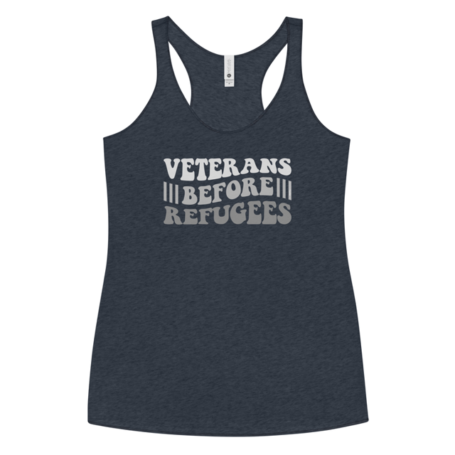 Veterans Before Refugees tank top in Vintage Navy colorway, product mockup