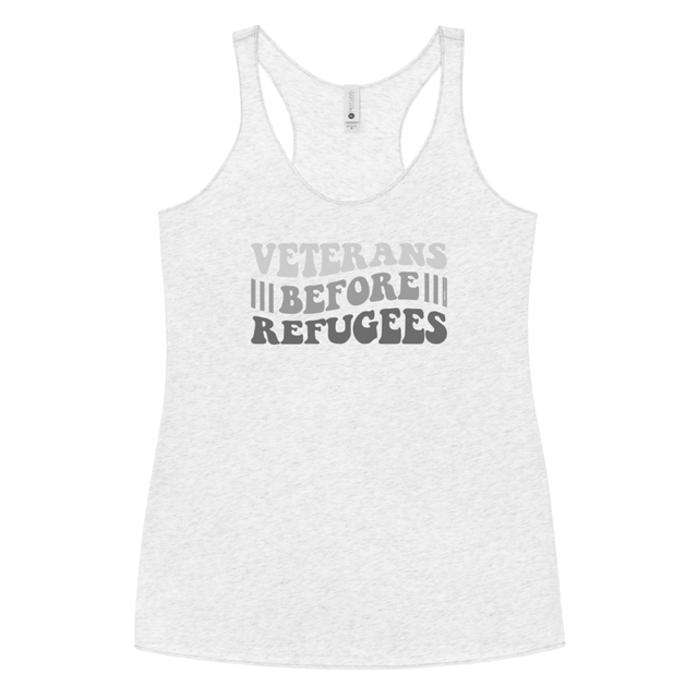 Veterans Before Refugees tank top in Heather White colorway, product mockup