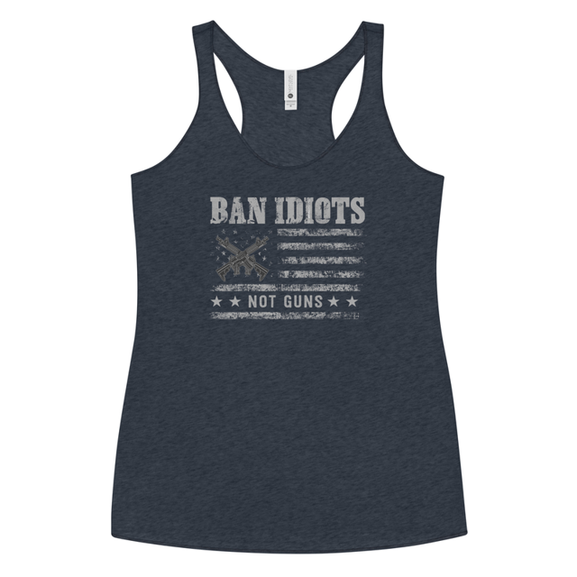 Ban Idiots Not Guns tank top in Vintage Navy colorway, product mockup