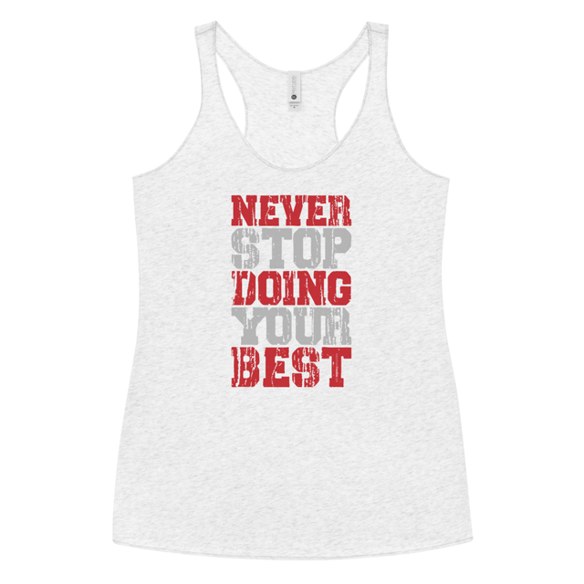 Never Stop Doing Your Best tank top in Heather White colorway, product mockup