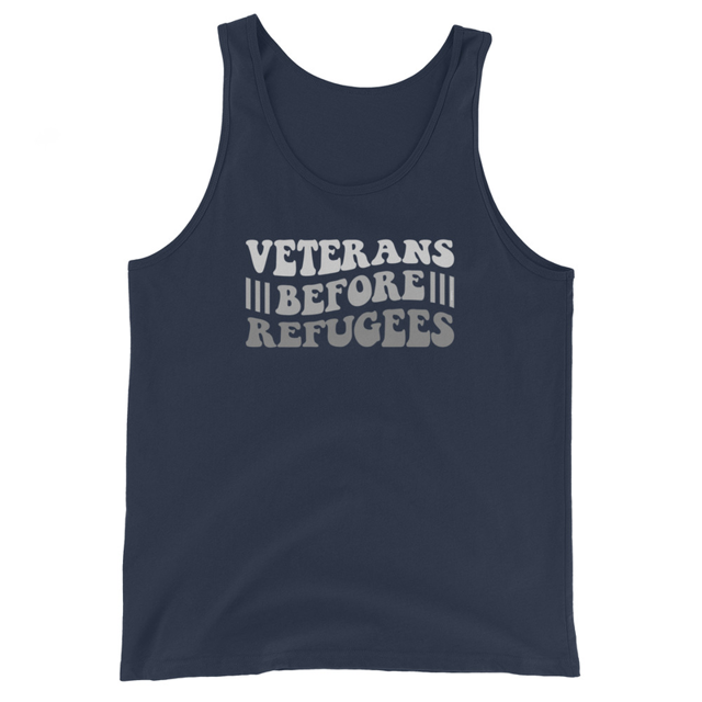 Veterans Before Refugees tank top in Navy colorway, product mockup